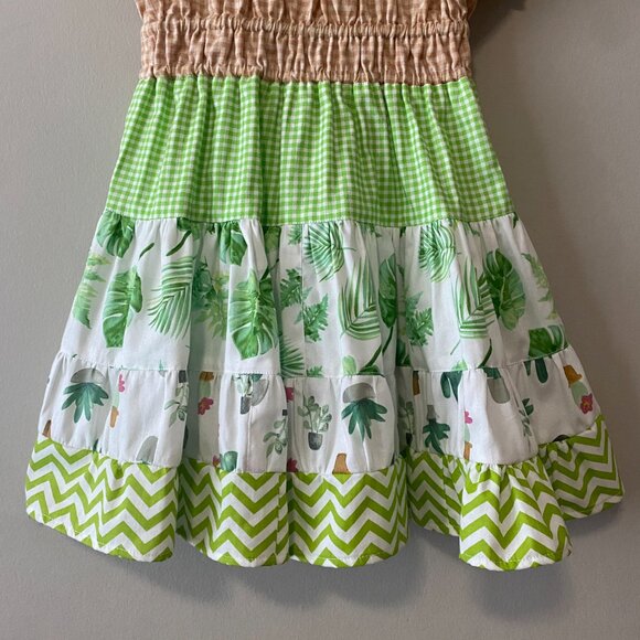 Handmade Children's 100% Cotton Tan White Green Gingham Multi Pattern Dress - Picture 6 of 12